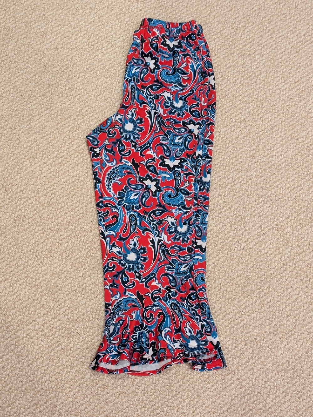 Slinky Brand Red Paisley Cropped Pants with Blue & White Accents